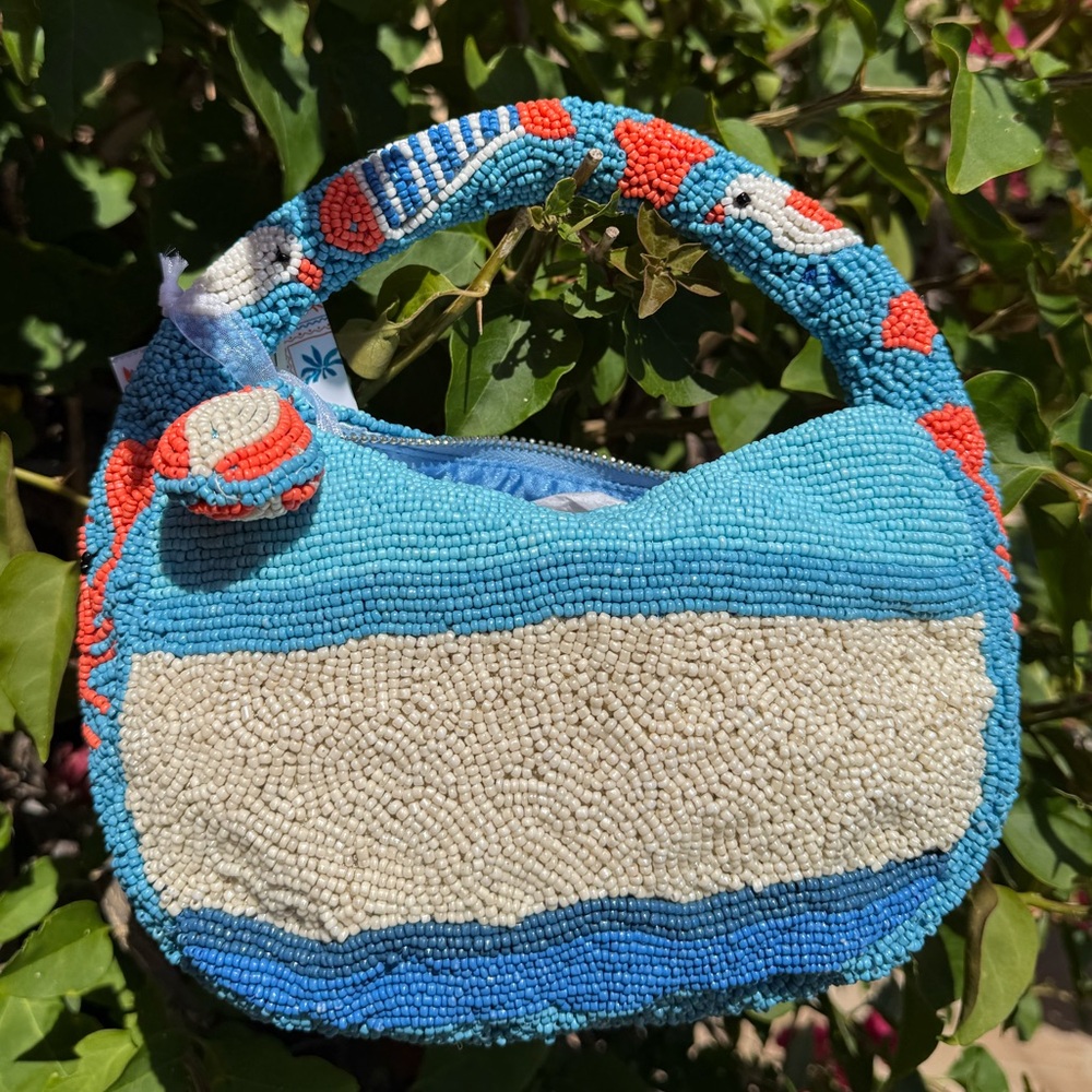 NWT Made in India Crab Seagull Beach Theme Vacation Summer Top Handle Beaded Bag - Picture 3 of 3